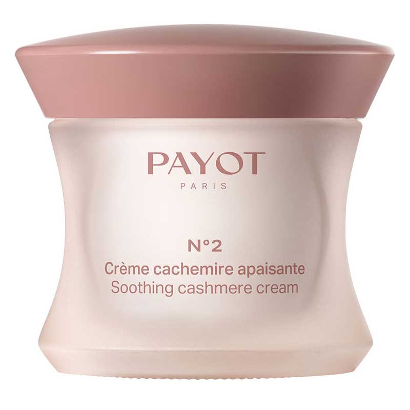 a jar of cream with a pink cap, labeled as a "N°2" cream that is described as "Soothing cashmere cream".