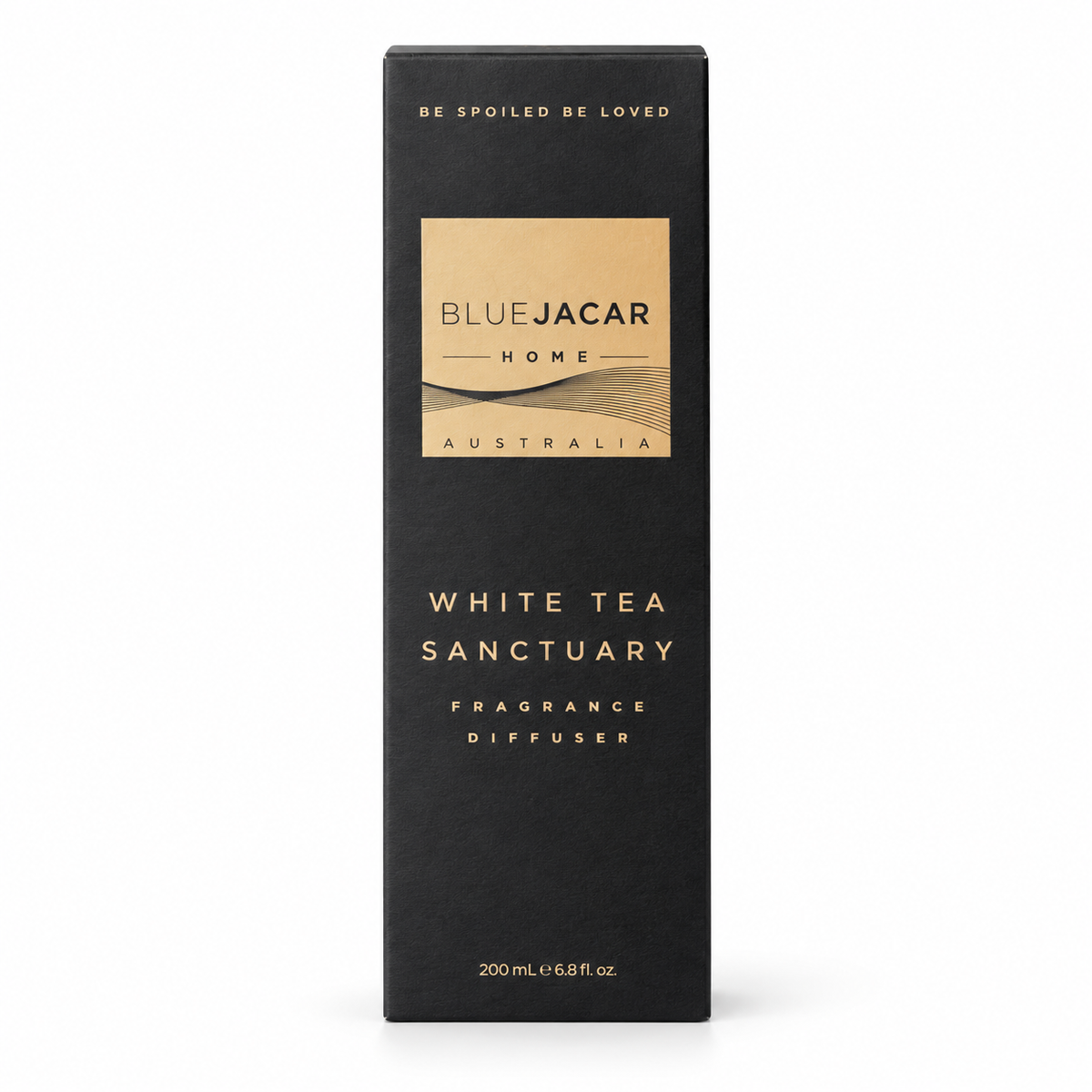Blue Jacar White Tea Sanctuary 200ml Reed Diffuser carton on a clean white background