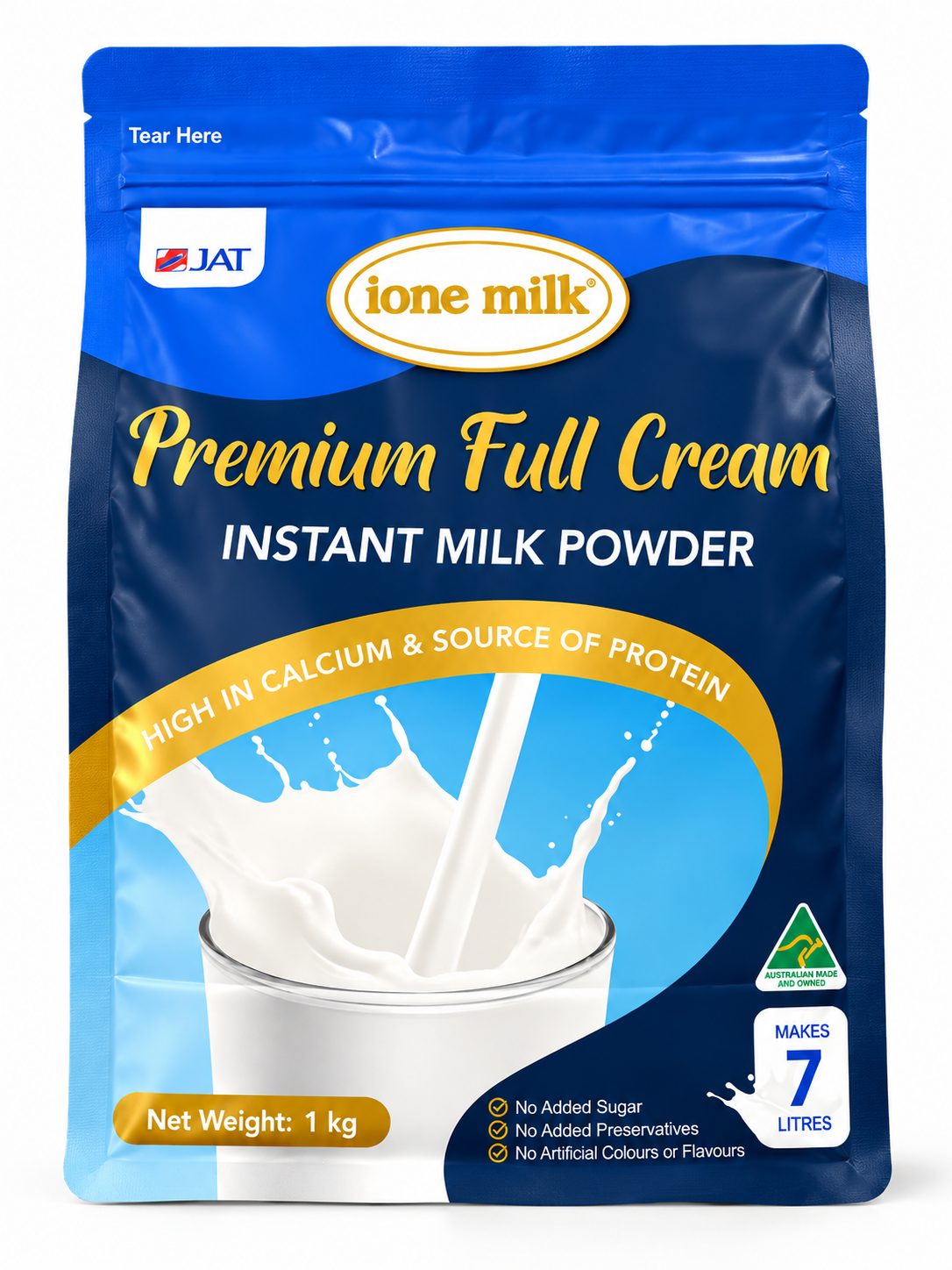a package of ione milk Premium Full Cream instant milk powder.