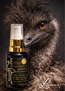 an emu with a bottle of Emu Oil placed next to it.