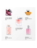 six different perfume bottles, each with a unique design and size, arranged in a grid format.