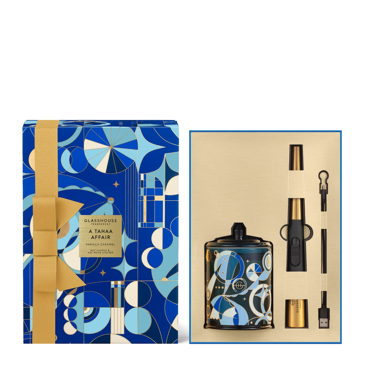 a set of products, including a blue and gold box with a gold ribbon, a black and gold bottle, and a black and gold lighter.