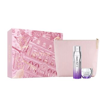 A pink makeup bag and a pink makeup set with a purple and white product are shown in the image.