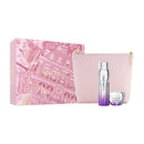 A pink makeup bag and a pink makeup set with a purple and white product are shown in the image.