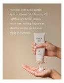 A person's hands holding a tube of CIRCA hand cream, with the cream being applied to their hand.