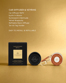 a car diffuser and a keyring, both with text and images. The car diffuser is a black box with a gold label, and the keyring is a round object with a brown leather strap. The text on the diffuser and keyring indicates that they are refillable and easy to install.