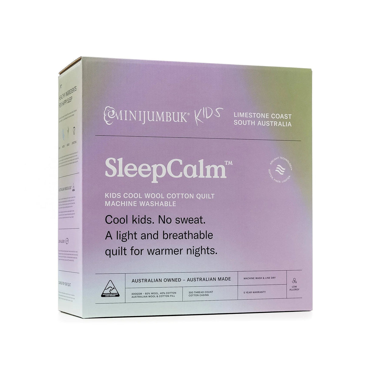 The image is a product box for a children's sleepwear called "SleepCalm". It features a purple and green color scheme and includes text and logos related to the product.
