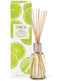 a glass diffuser filled with sticks and a box with a lime and lemon grass design, both containing a fragrance oil.