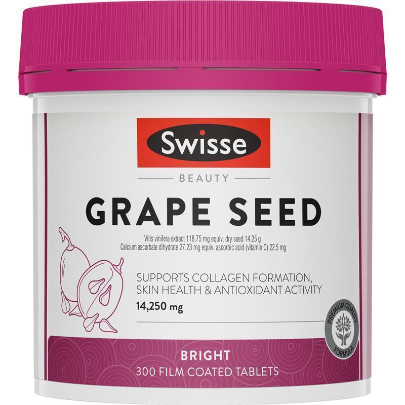 a bottle of Swissse Beauty Grape Seed supplement, which is a bright-colored pill.