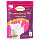 a pink and purple milk powder package with a clear image of a glass of milk and a splash of milk.