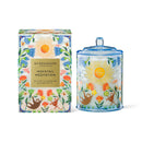 a glass jar and a box with a floral design, both with a sun motif.