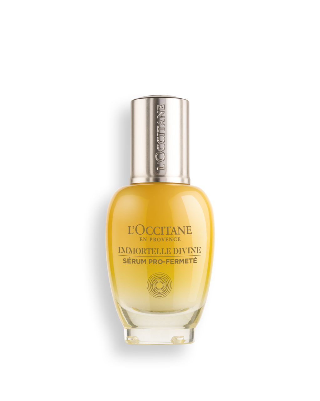 A bottle of L'Occitane Immortelle Divine Serum Pro-Fermété, a skincare product, against a black background.