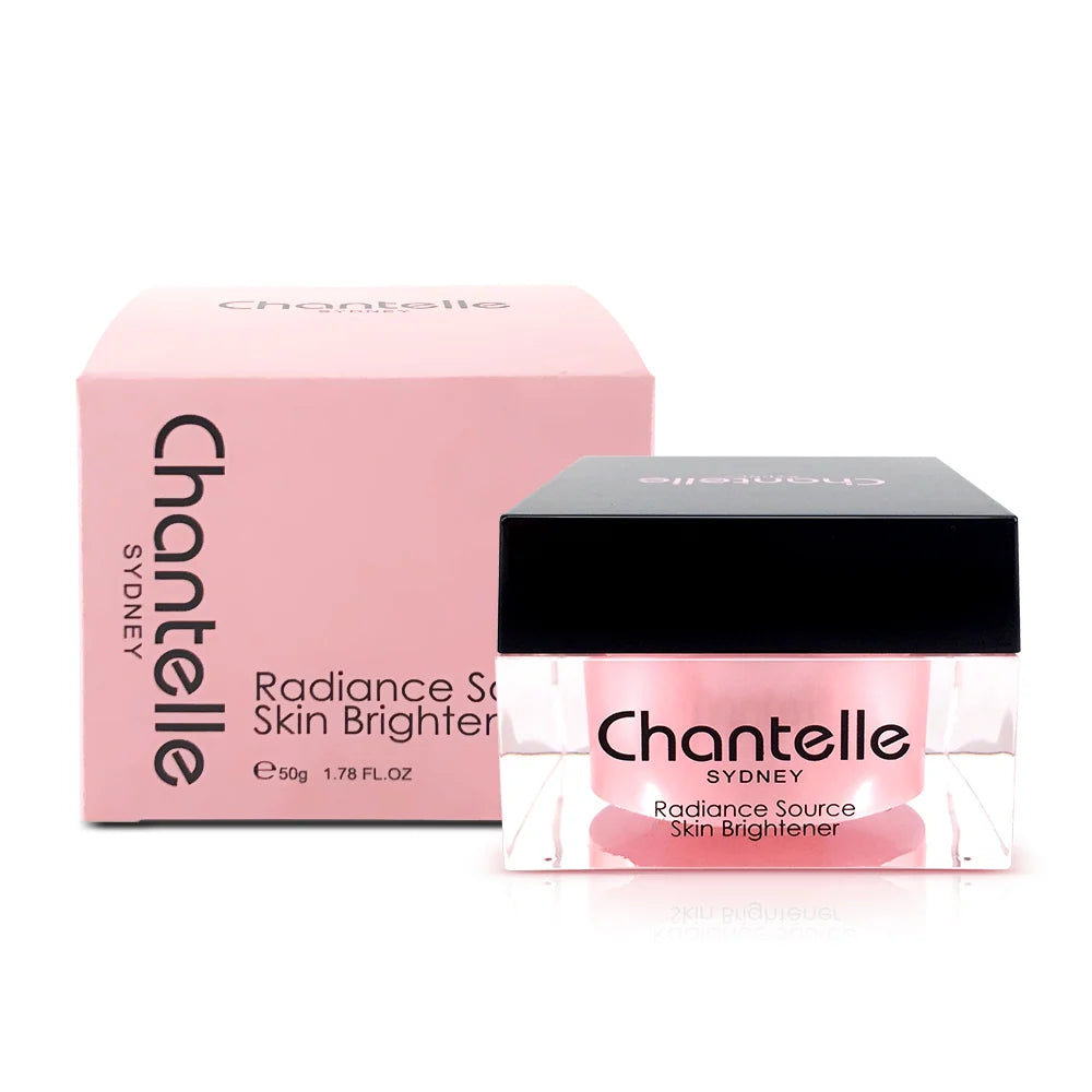 A pink box and a clear jar of a pink skin brightener product from Chantelle, with the product name and description visible on the packaging.