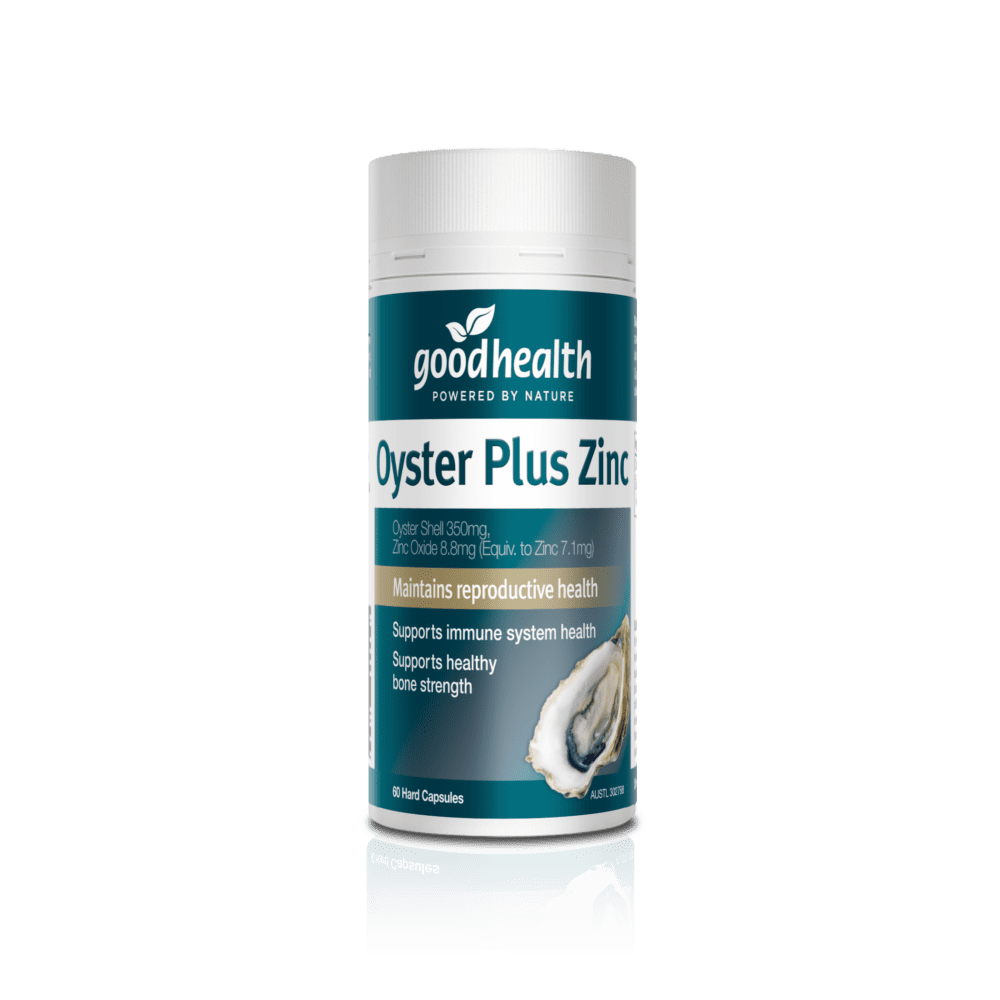 a bottle of Good Health Oyster Plus Zinc supplement against a green background.