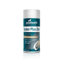 a bottle of Good Health Oyster Plus Zinc supplement against a green background.