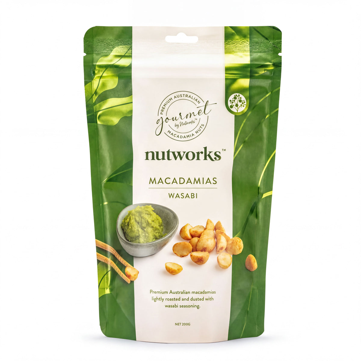 A bag of macadamia nuts with a label that includes the product name, macadamia type, and a description of the product.