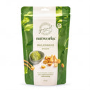 A bag of macadamia nuts with a label that includes the product name, macadamia type, and a description of the product.