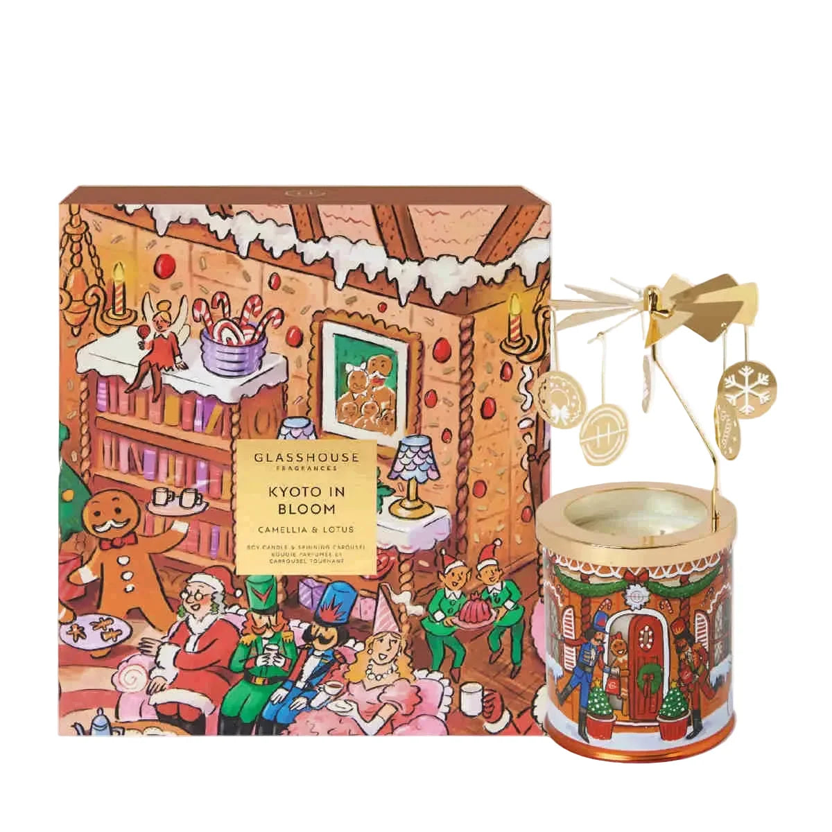 a gingerbread house-themed candle and a box with a gingerbread house illustration.