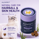 a cat and a purple container of cat treats, with text promoting the natural care products for hairball and skin health.