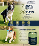 The image is an advertisement for a pet wellness product called "AUINPET®" that provides 7 days of comfort and 28 days of care for dogs. It features a black and white dog running on a grassy field and a dog chewing on a bone-shaped chew. The ad highlights the product's benefits for dogs, such as joint health support, cartilage repair, and improved mobility.