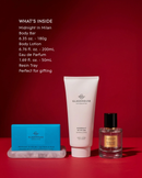 a red table topped with a bottle of perfume and a tube of lotion