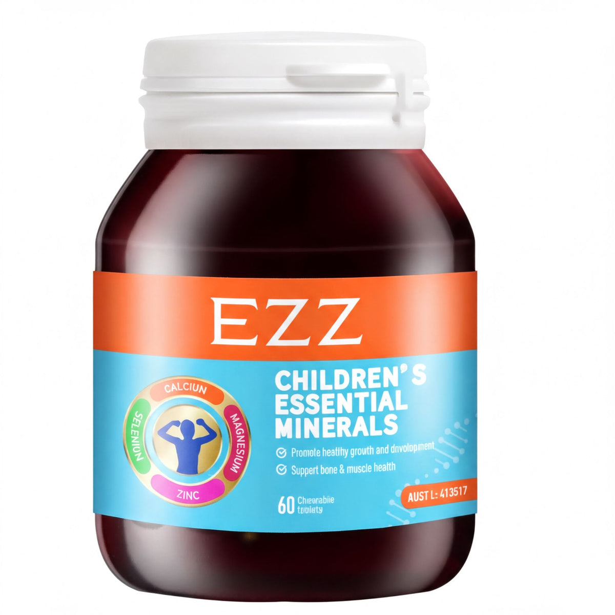 The image is a bottle of children's essential minerals supplement.