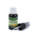 a bottle of Propolis Mouth Spray with a spray nozzle attached, and the spray nozzle is lying on its side.