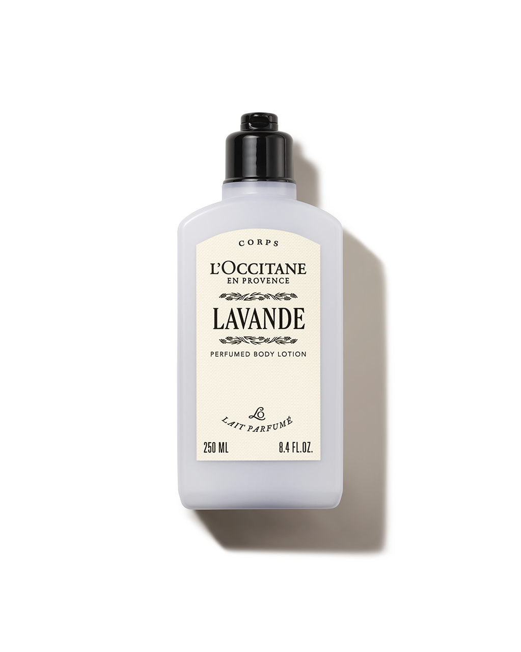 A bottle of L'Occitane en Provence Lavandé body lotion.