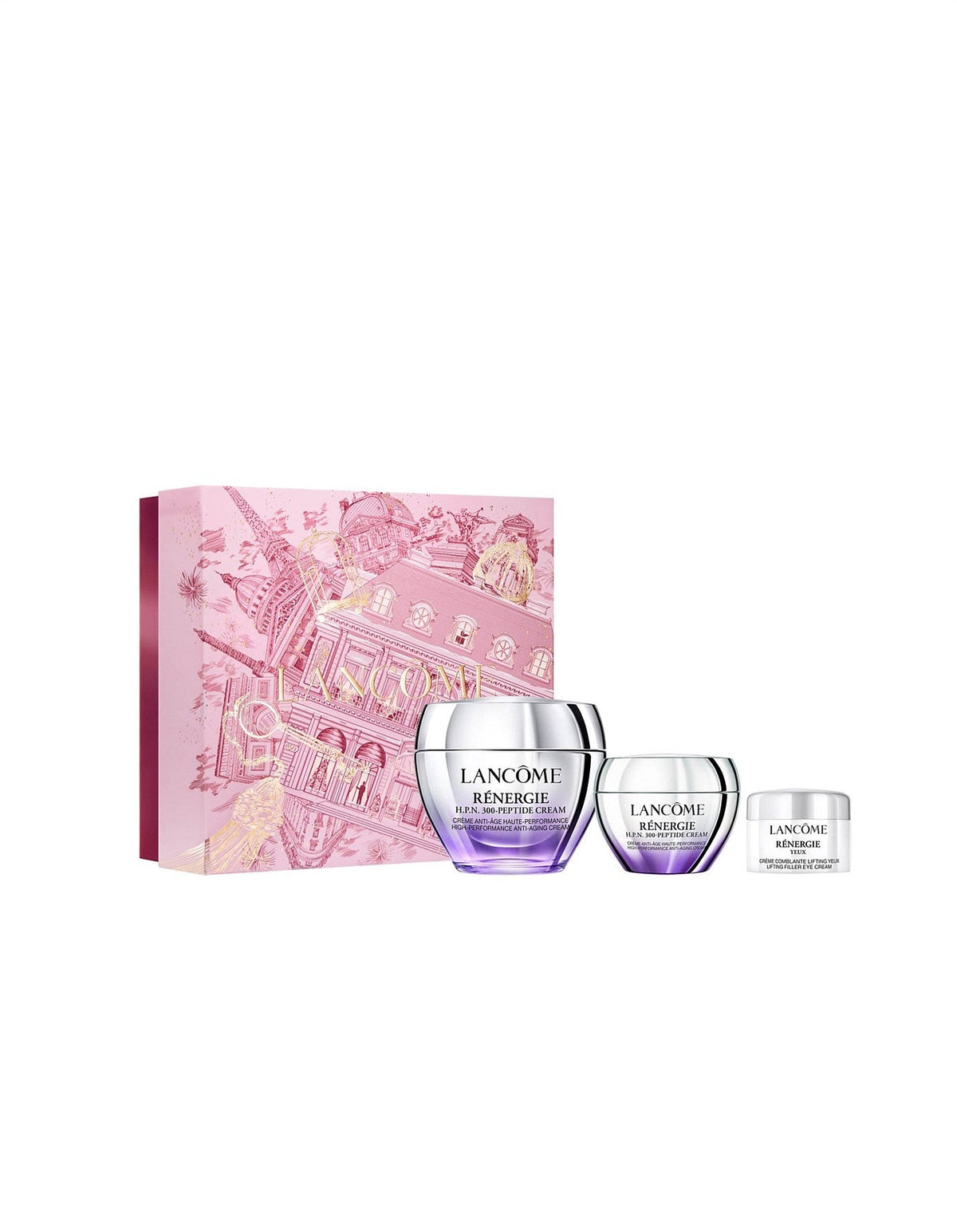 a set of three beauty products from the Lancome brand, including a face cream, a body cream, and a jar of lip balm.