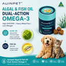 The image is an advertisement for Aupet's Algal & Fish Oil Dual-Action Omega-3 product, which is designed to support brain and vision health for pets. The ad features a golden retriever and a cat sitting together, along with a can of the product and some green algae. The ad highlights the product's benefits, such as being high in DHA/ EPA, heavy metal-free, and low allergen. It also mentions that the product is made in Australia and is suitable for dogs and cats.