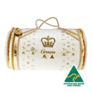 A white and gold crown-shaped pillow case with the word "Crown" printed on it.