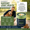 The image is an advertisement for a product called "Auipet® Support Joint Health Shark Cartilage Chews" for dogs. It features a man holding a dog and a large jar of the product. The ad highlights the product's benefits for joint health and mobility, as well as its suitability for dogs and cats of all ages.