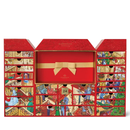 A red and gold advent calendar with a detailed illustration of various scenes and characters on the front and sides.