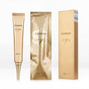 three gold-colored tubes of Eaaron Propolis Eye Cream, with the tubes and their packaging.