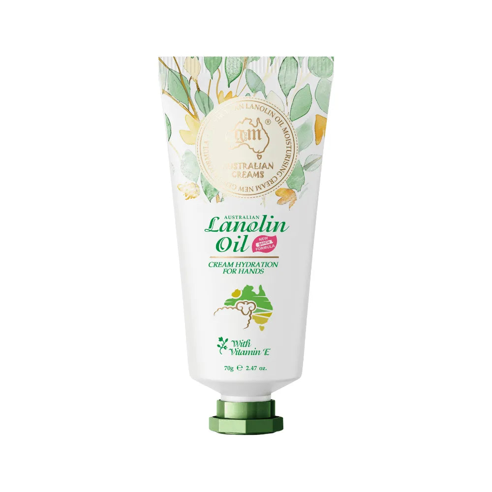 A tube of Australian Lanolin Oil cream for hands, with a green and white color scheme and a leafy design on the label.