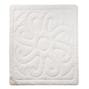 a white quilted bedspread or comforter with a flower-like pattern.