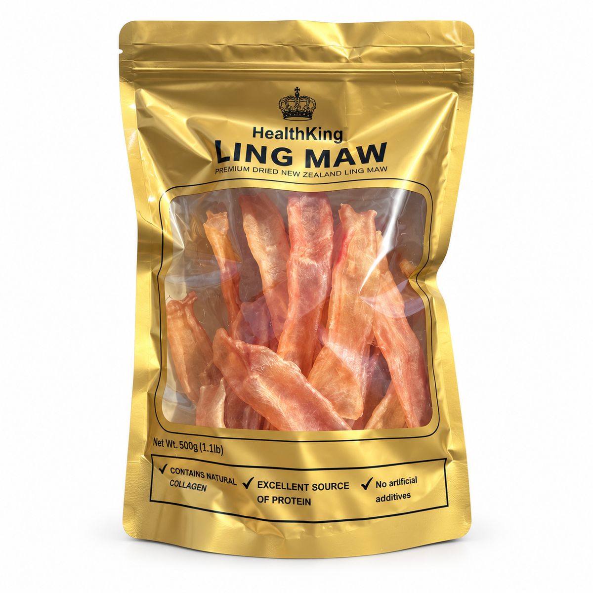 HealthKing NZ Ling Fish Maw 25-28Pics/500g Red, product pouch on a clean white background