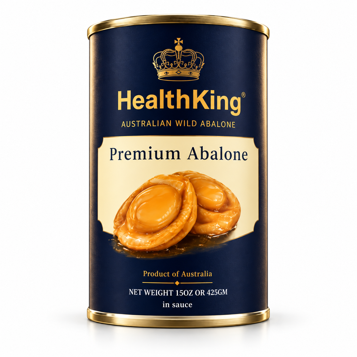 HealthKing Canned Abalone Sauce A2/160, HealthKing Premium Abalone can on white background